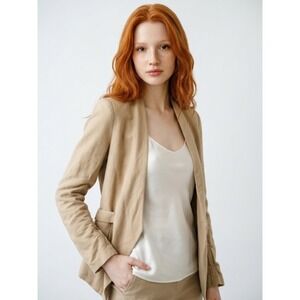 Zara Basic Blazer Women S Khaki Excellent Linen Blend Open Front Draped Buckle